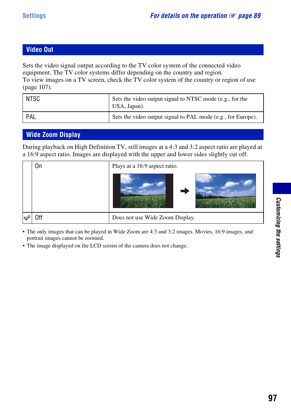 Video out, Wide zoom display | Sony Cyber-shot 3-295-460-12(1) User Manual | Page 97 / 154