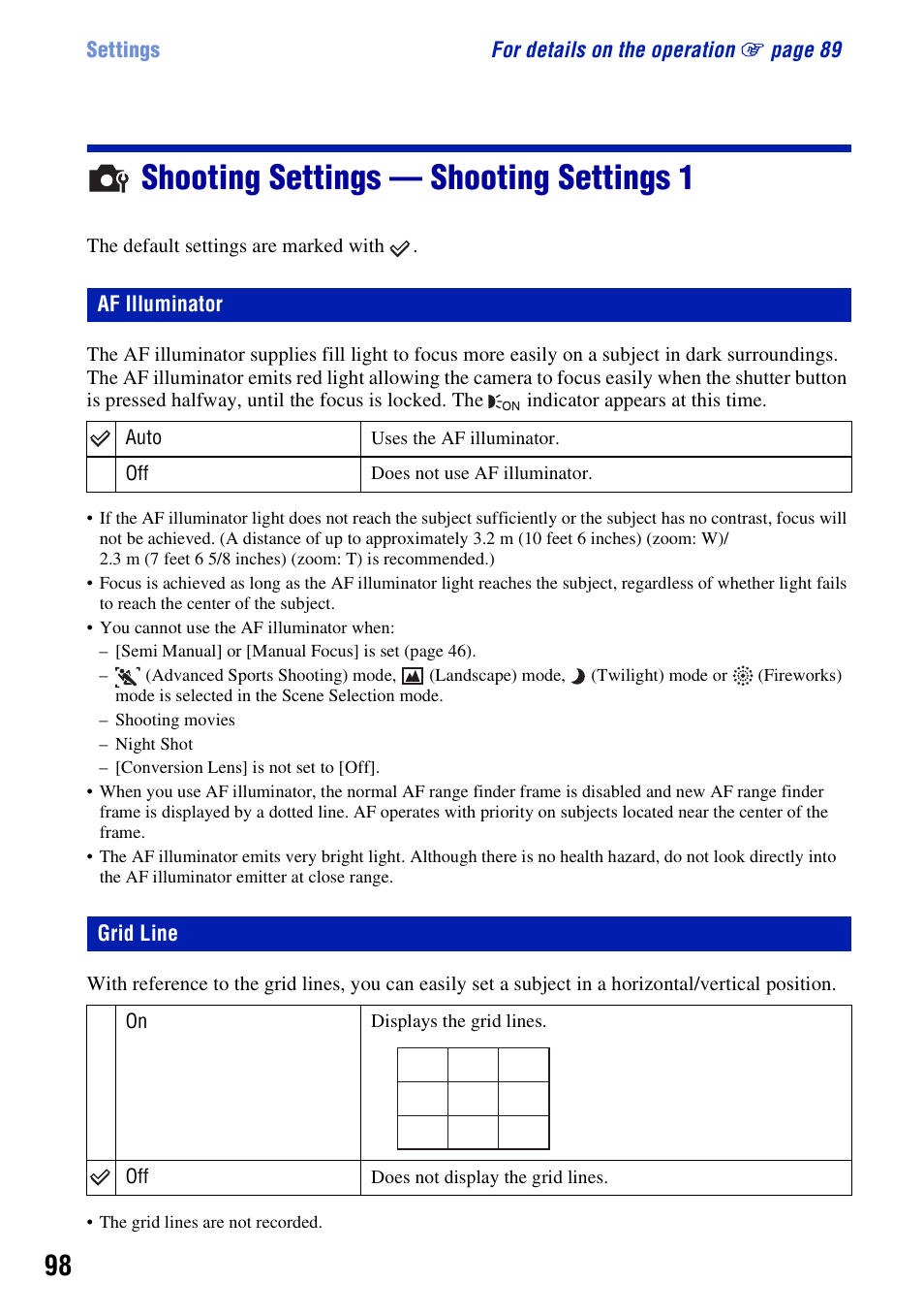 Shooting settings - shooting settings 1, Af illuminator, Grid line | Shooting settings — shooting settings 1 | Sony Cyber-shot 3-295-460-12(1) User Manual | Page 98 / 154