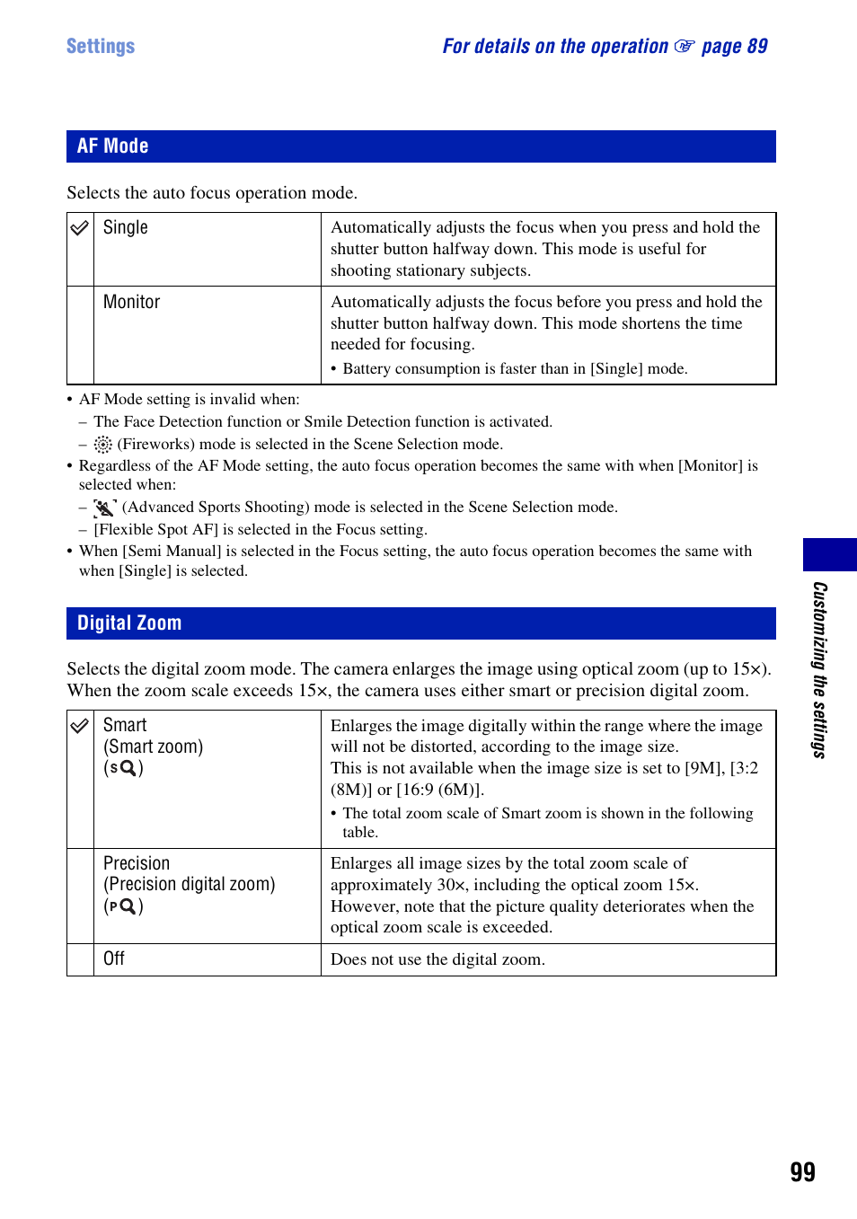 Af mode, Digital zoom | Sony Cyber-shot 3-295-460-12(1) User Manual | Page 99 / 154