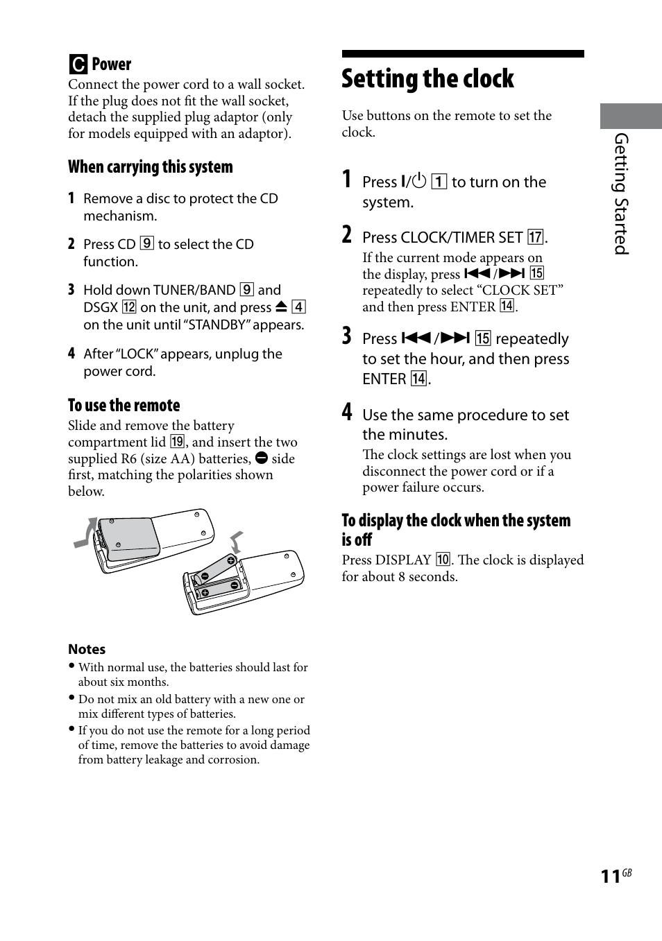 Setting the clock, Getting s tar ted  power, When carrying this system | Sony CMTBX5BT User Manual | Page 11 / 36