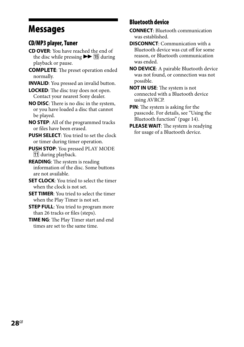 Messages, Cd/mp3 player, tuner, Bluetooth device | Sony CMTBX5BT User Manual | Page 28 / 36