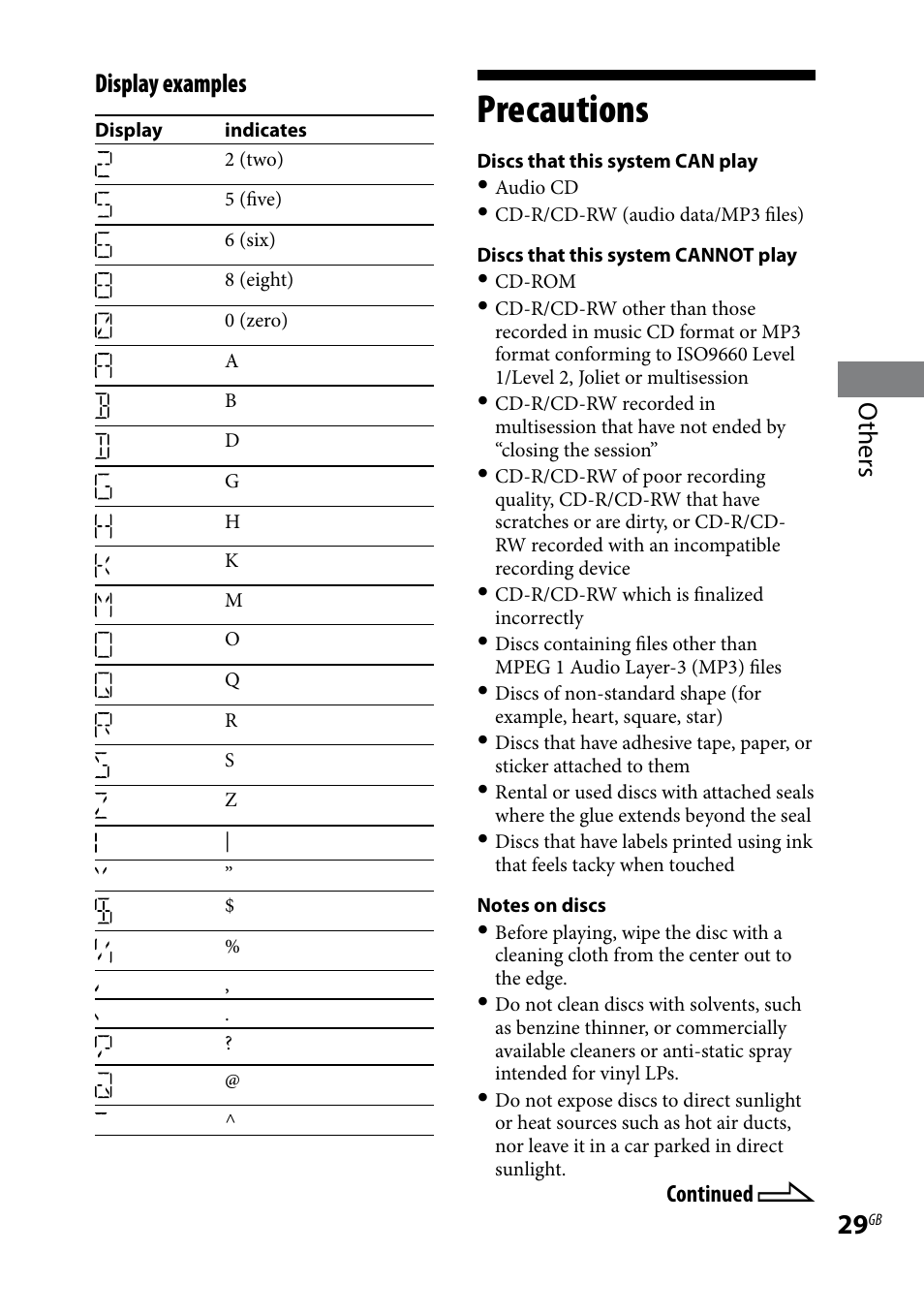 Precautions, Others display examples | Sony CMTBX5BT User Manual | Page 29 / 36