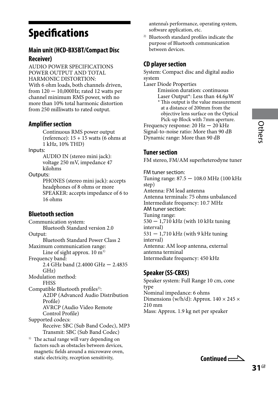 Specifications, Others, Main unit (hcd-bx5bt/compact disc receiver) | Speaker (ss-cbx5), Continued | Sony CMTBX5BT User Manual | Page 31 / 36