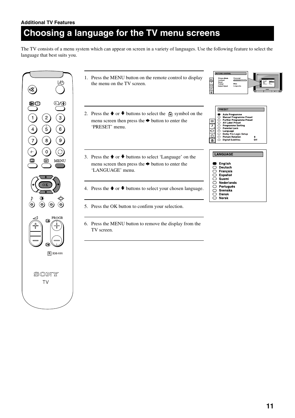 Choosing a language for the tv menu screens | Sony KV-28DS20U User Manual | Page 13 / 38