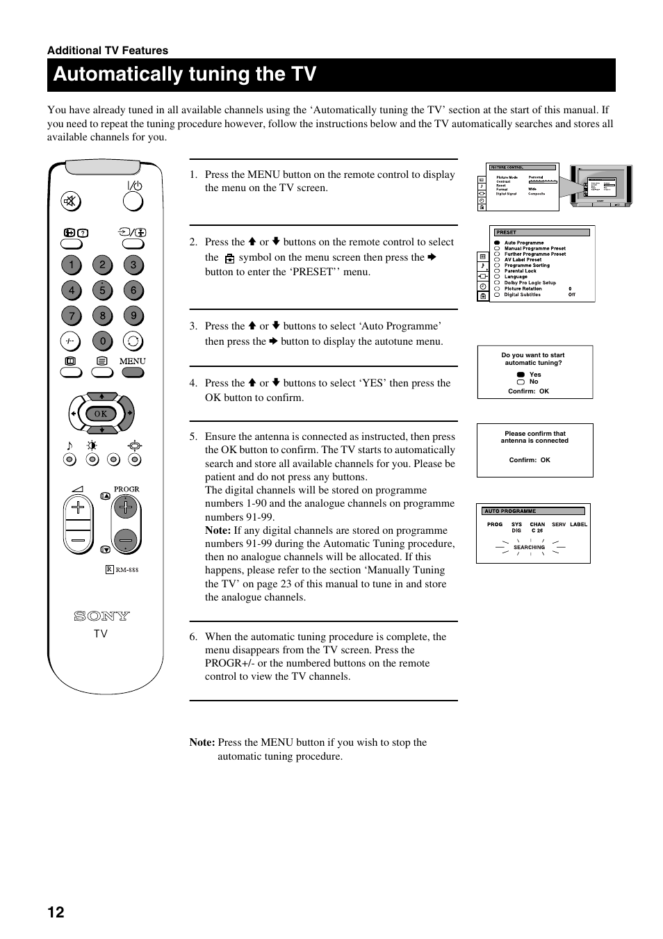 Automatically tuning the tv | Sony KV-28DS20U User Manual | Page 14 / 38