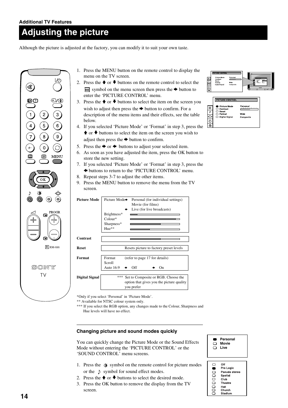 Adjusting the picture | Sony KV-28DS20U User Manual | Page 16 / 38