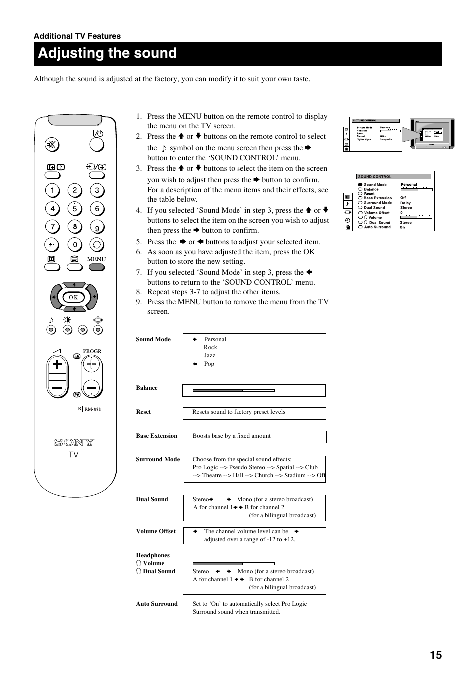 Adjusting the sound | Sony KV-28DS20U User Manual | Page 17 / 38