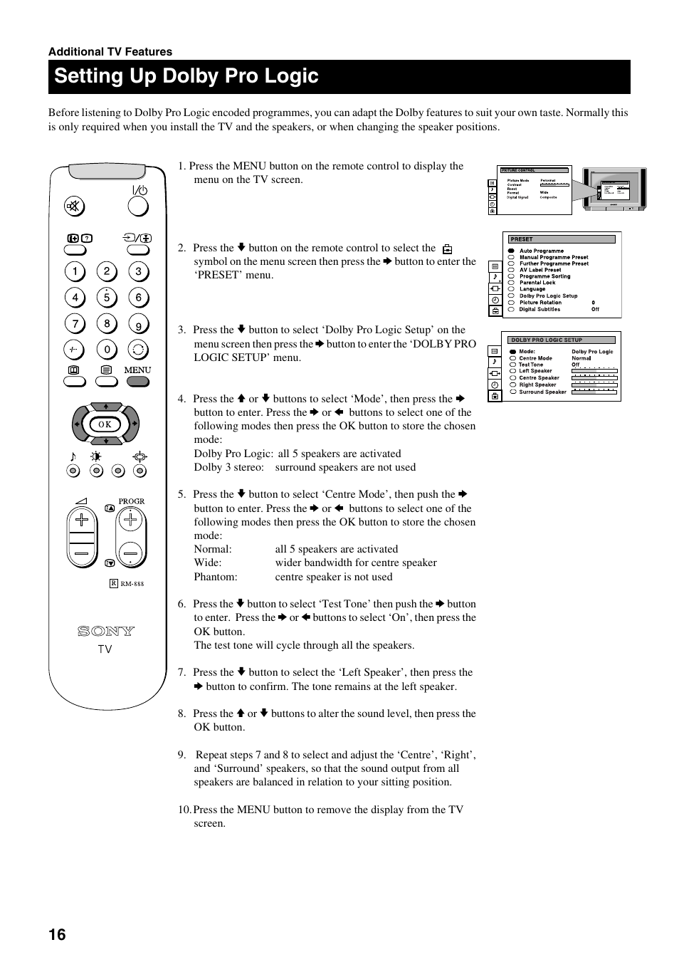 Setting up dolby pro logic | Sony KV-28DS20U User Manual | Page 18 / 38