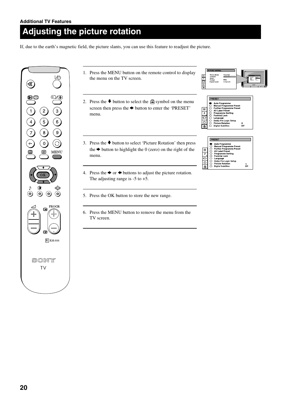 Adjusting the picture rotation | Sony KV-28DS20U User Manual | Page 22 / 38