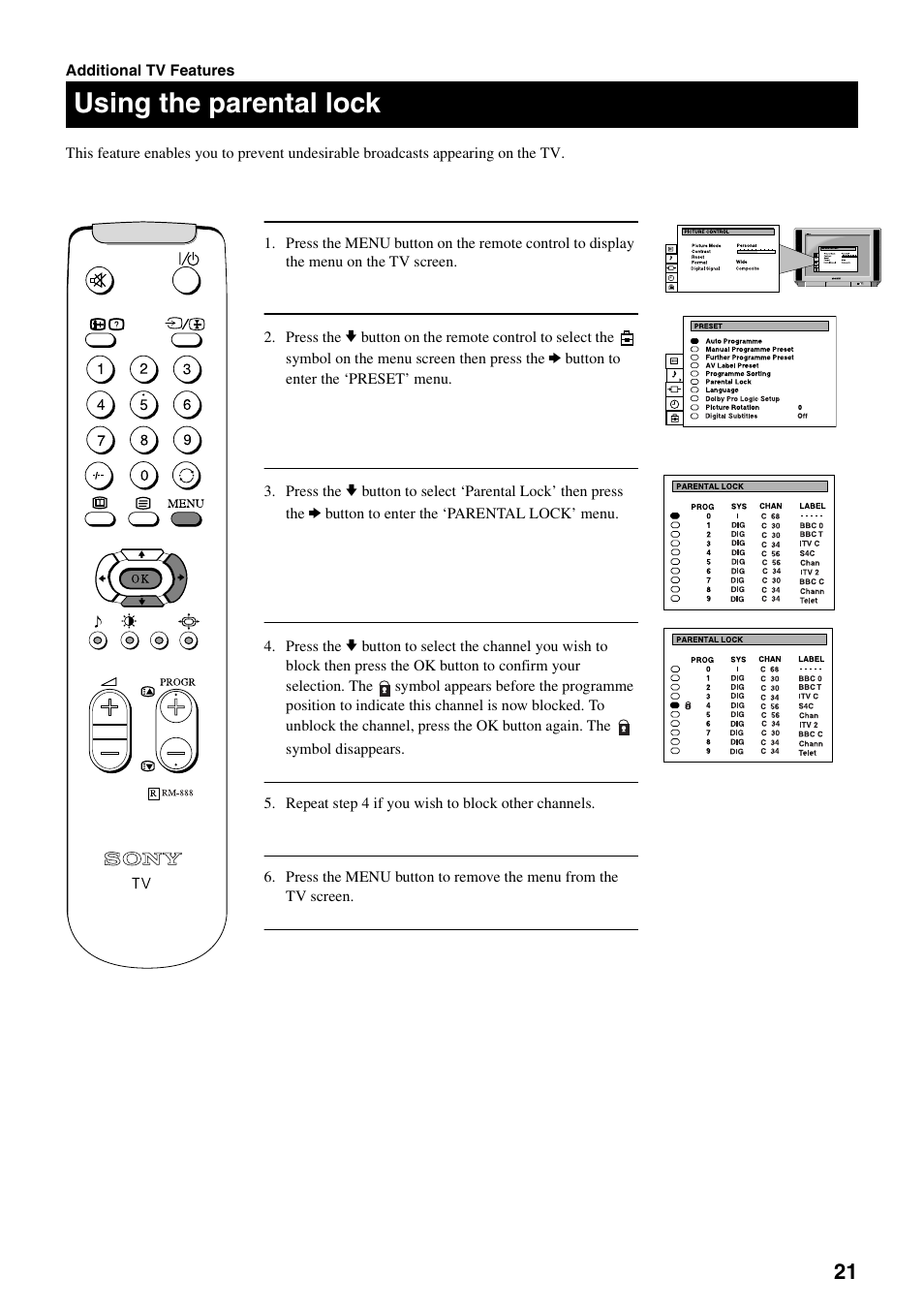 Using the parental lock | Sony KV-28DS20U User Manual | Page 23 / 38