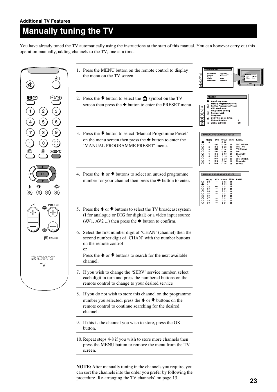 Manually tuning the tv | Sony KV-28DS20U User Manual | Page 25 / 38