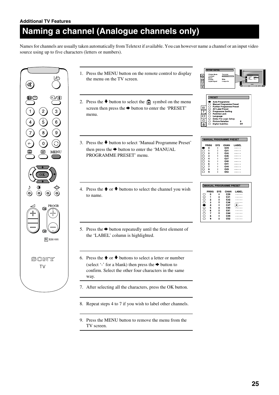 Naming a channel (analogue channels only) | Sony KV-28DS20U User Manual | Page 27 / 38