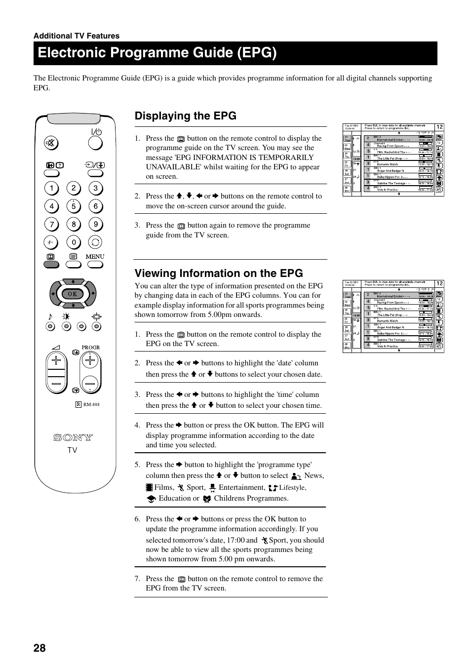 Electronic programme guide (epg), Viewing information on the epg, Displaying the epg | Sony KV-28DS20U User Manual | Page 30 / 38