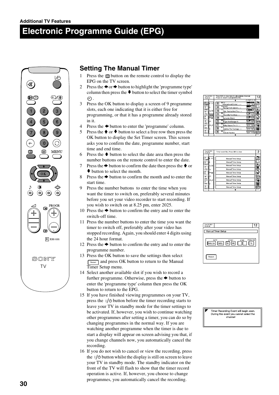 Electronic programme guide (epg), Setting the manual timer | Sony KV-28DS20U User Manual | Page 32 / 38