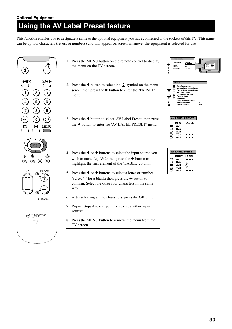 Connecting equipment to the tv, Using the av label preset feature | Sony KV-28DS20U User Manual | Page 35 / 38