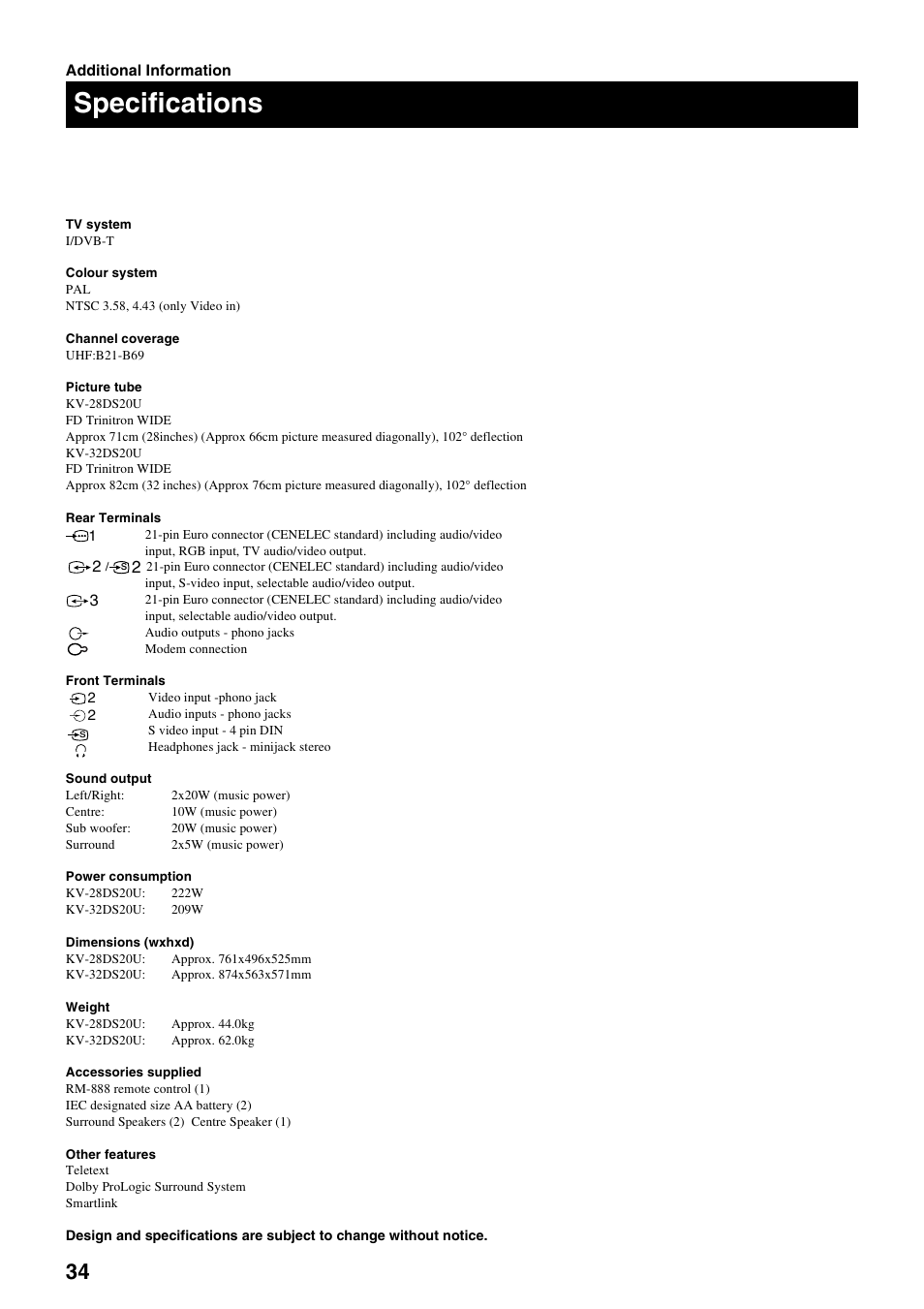 Specifications | Sony KV-28DS20U User Manual | Page 36 / 38