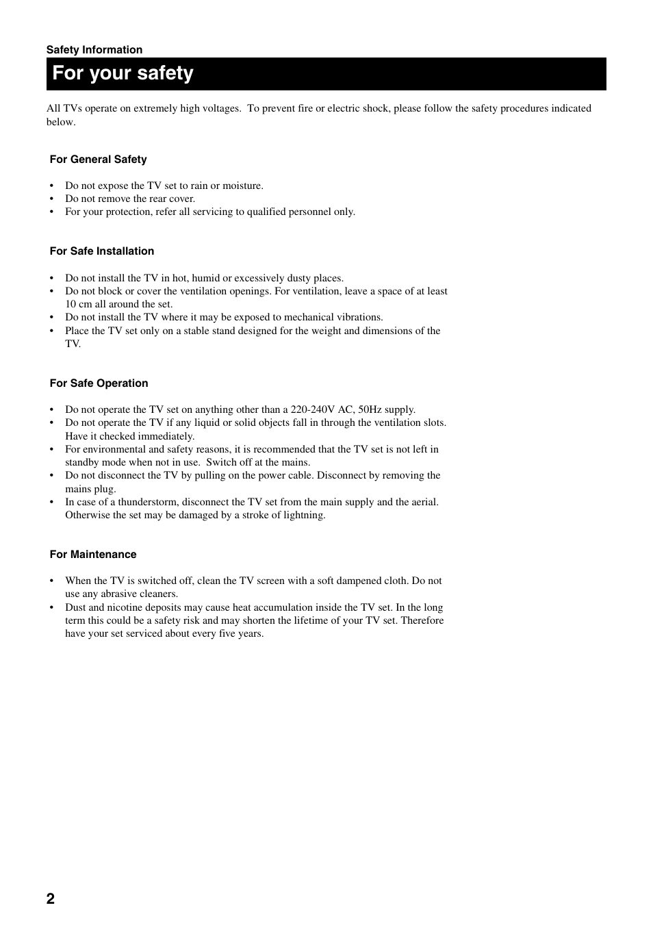 For your safety | Sony KV-28DS20U User Manual | Page 4 / 38