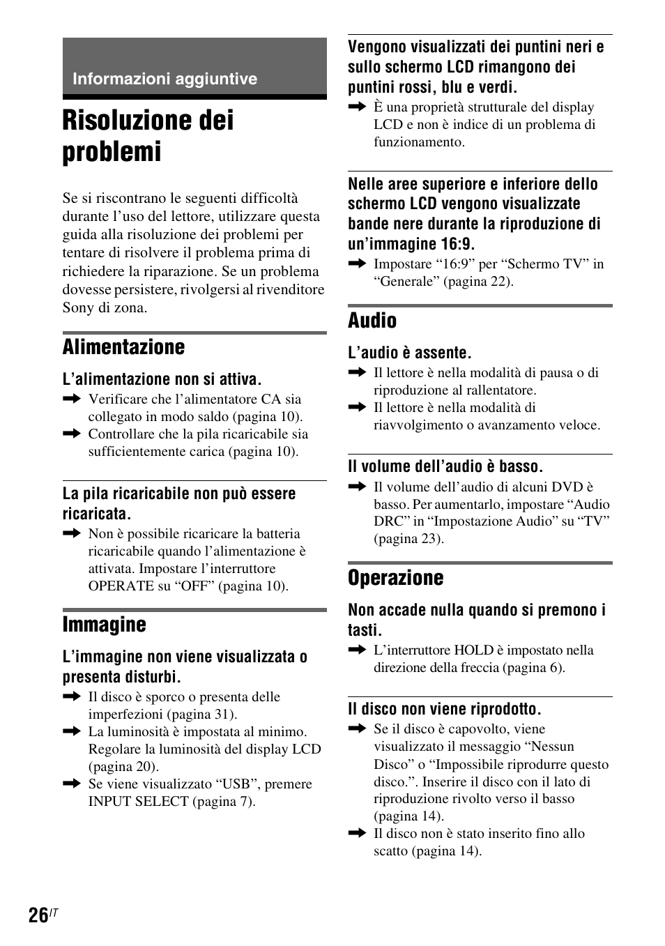 Informazioni aggiuntive, Risoluzione dei problemi, Alimentazione | Immagine, Audio, Operazione | Sony DVP FX750 User Manual | Page 156 / 200