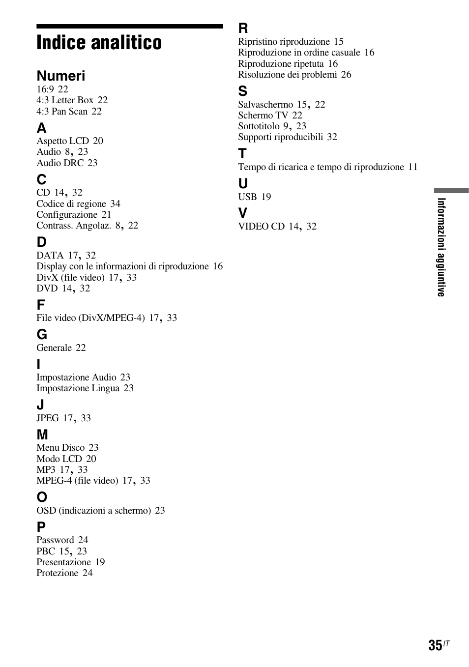 Indice analitico, Numeri | Sony DVP FX750 User Manual | Page 165 / 200