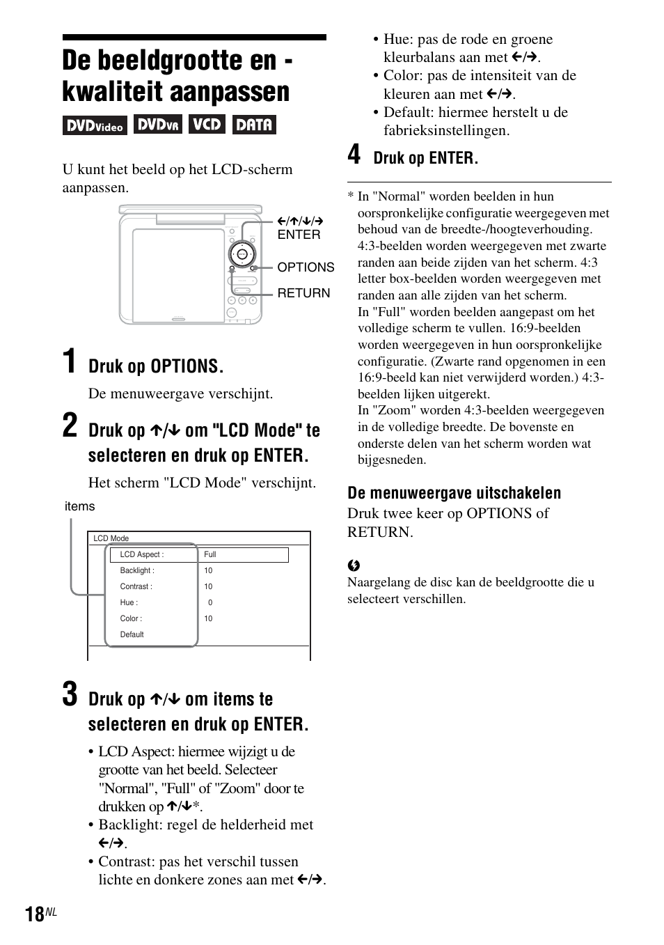 De beeldgrootte en - kwaliteit aanpassen, De beeldgrootte en -kwaliteit aanpassen, Druk op options | Druk op enter, De menuweergave uitschakelen | Sony DVP FX750 User Manual | Page 182 / 200