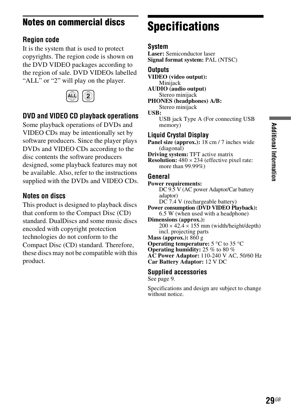 Specifications | Sony DVP FX750 User Manual | Page 29 / 200