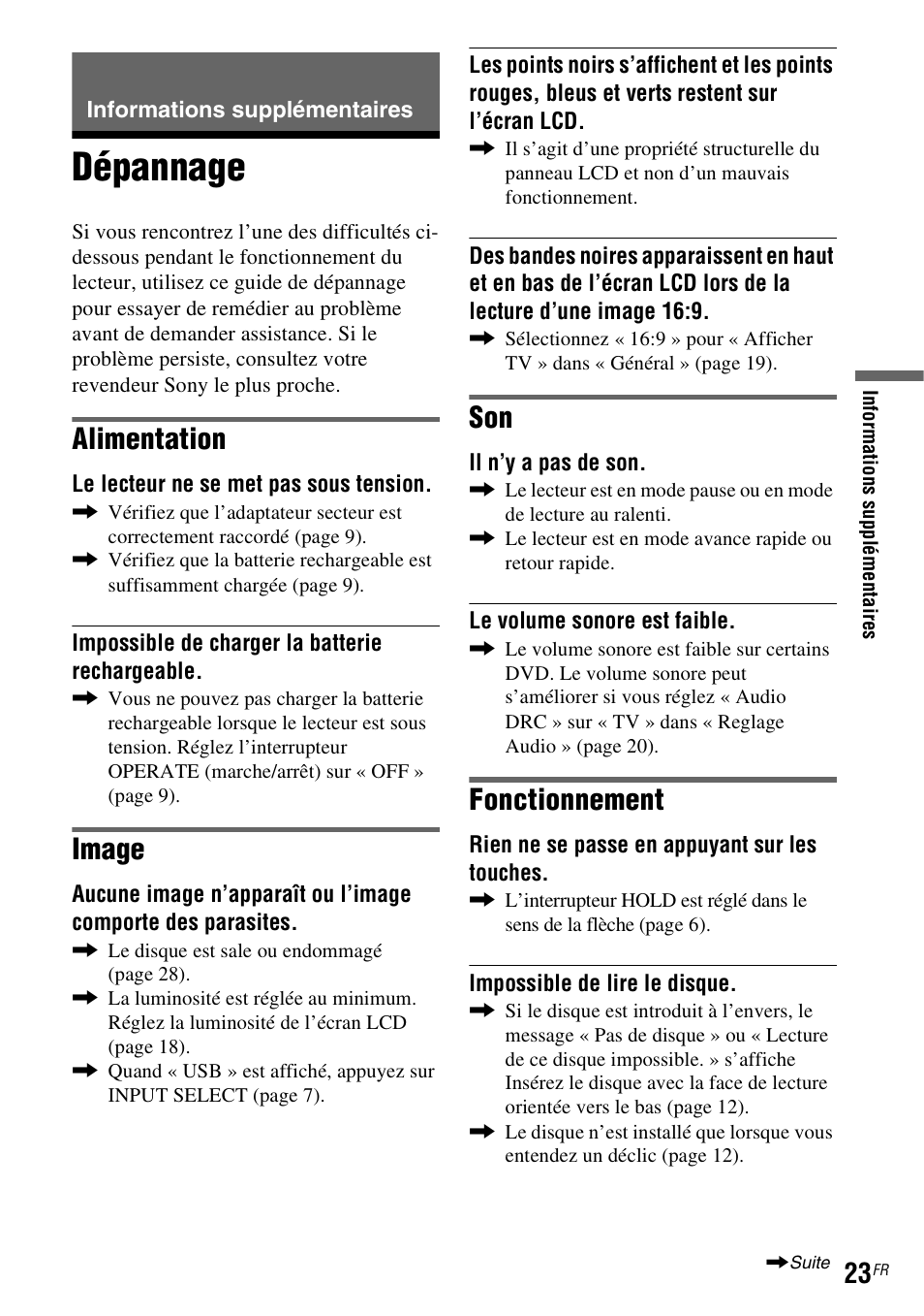 Informations supplémentaires, Dépannage, Alimentation | Image, Fonctionnement | Sony DVP FX750 User Manual | Page 53 / 200