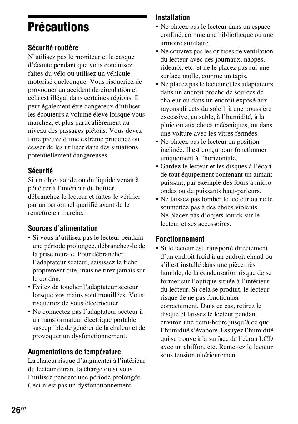Précautions | Sony DVP FX750 User Manual | Page 56 / 200