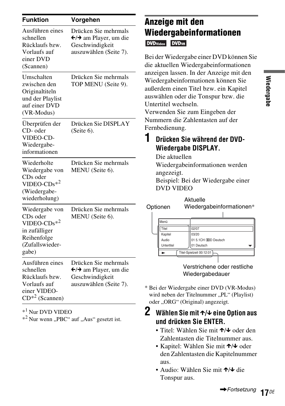 Seite 17, N (seite 17), Anzeige mit den wiedergabeinformationen | Drücken sie während der dvd- wiedergabe display | Sony DVP FX750 User Manual | Page 79 / 200