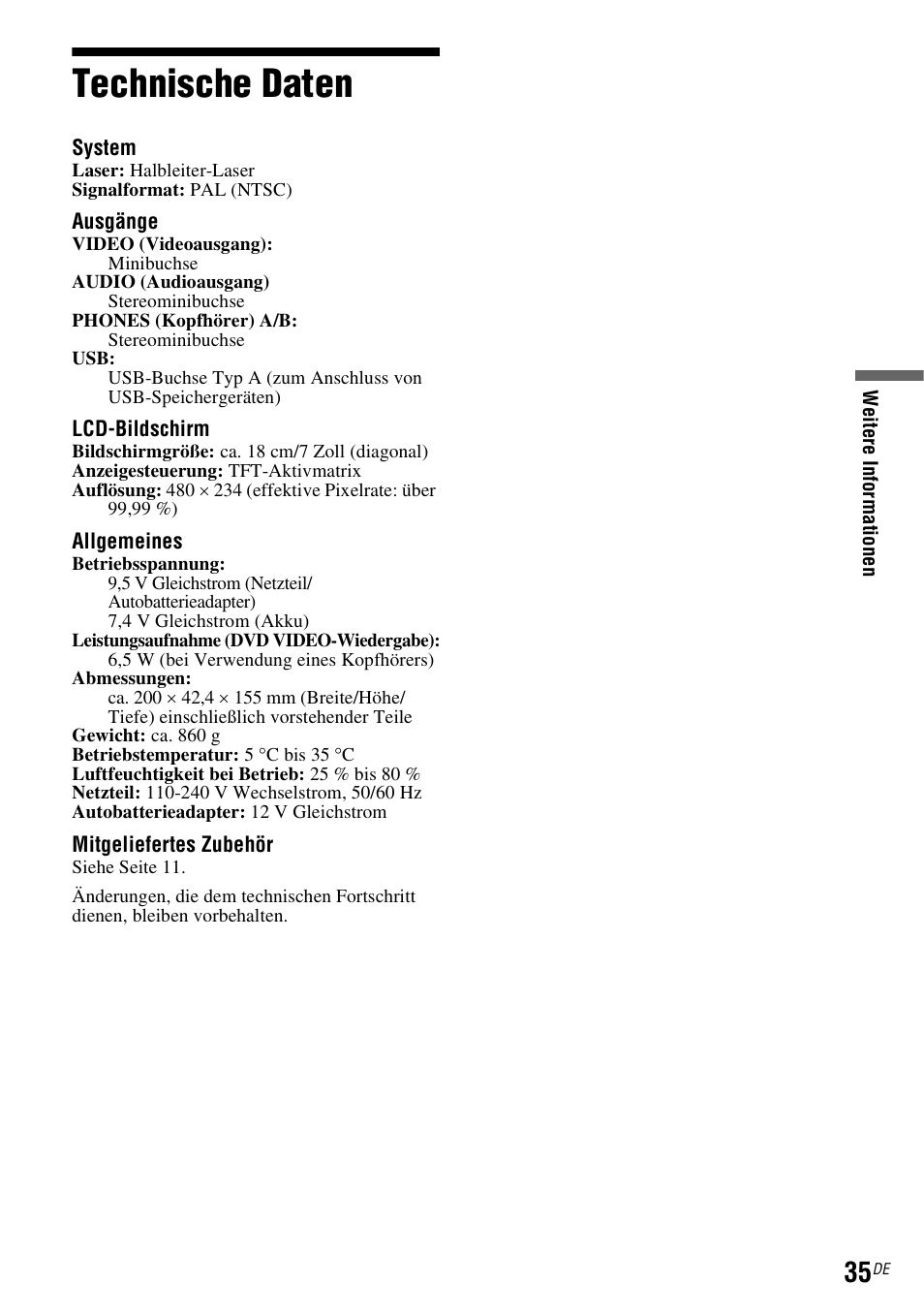 Technische daten | Sony DVP FX750 User Manual | Page 97 / 200