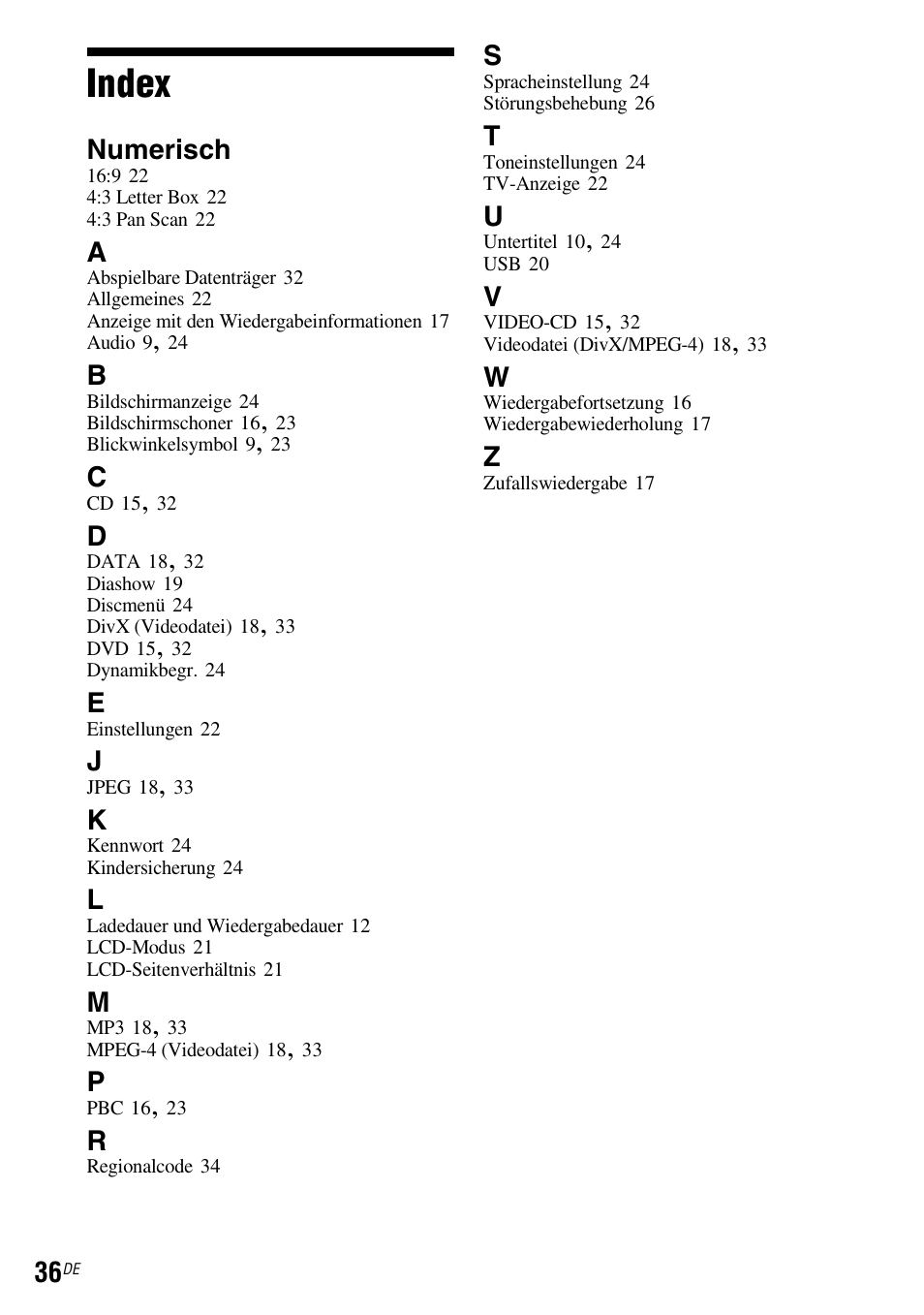 Index, Numerisch | Sony DVP FX750 User Manual | Page 98 / 200