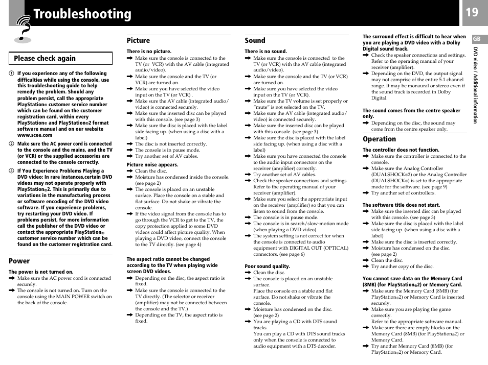 Troubleshooting, Please check again, Power | Picture, Sound, Operation | Sony SCPH-35003 GT User Manual | Page 19 / 24