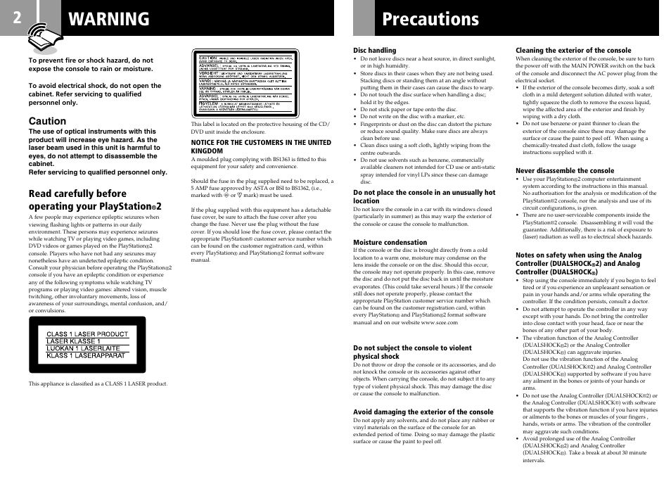 Warning, Precautions, Caution | Read carefully before operating your playstation | Sony SCPH-35003 GT User Manual | Page 2 / 24