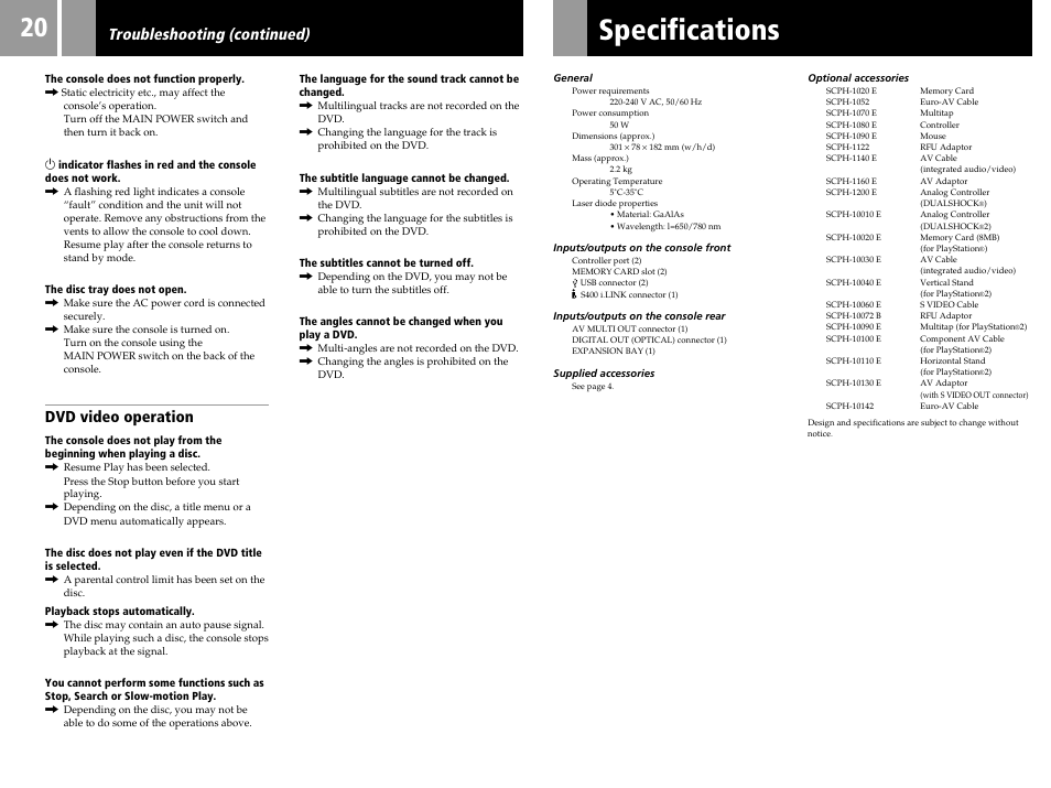 Specifications, Dvd video operation, Troubleshooting (continued) | Sony SCPH-35003 GT User Manual | Page 20 / 24