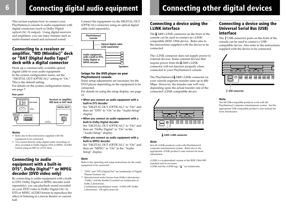 Connecting digital audio equipment, Connecting other digital devices, Connecting a device using the i.link interface | Sony SCPH-35003 GT User Manual | Page 6 / 24