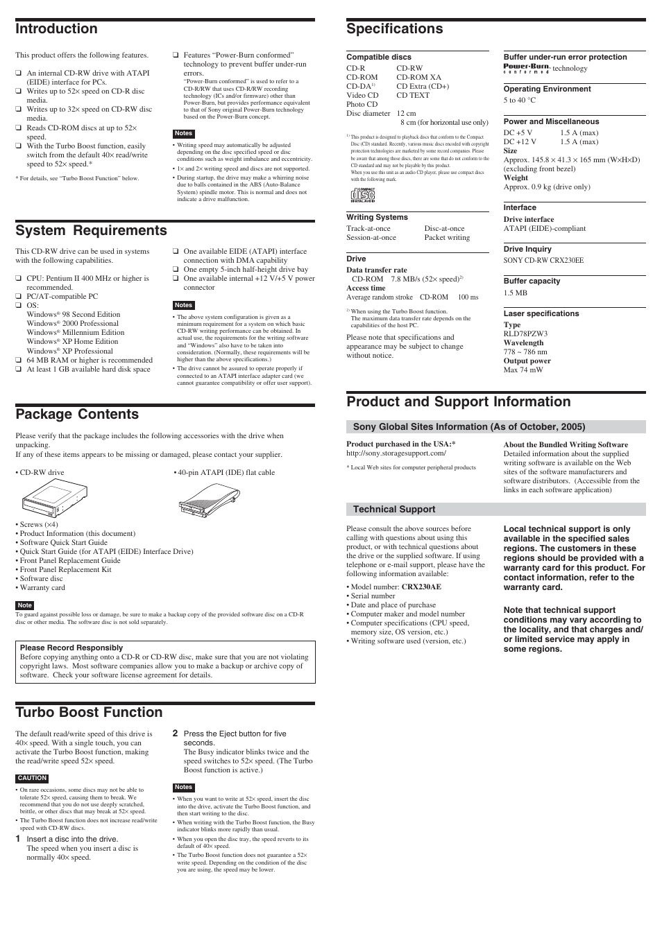 Package contents, System requirements, Introduction | Specifications, Turbo boost function, Product and support information | Sony CRX230AE User Manual | Page 2 / 2
