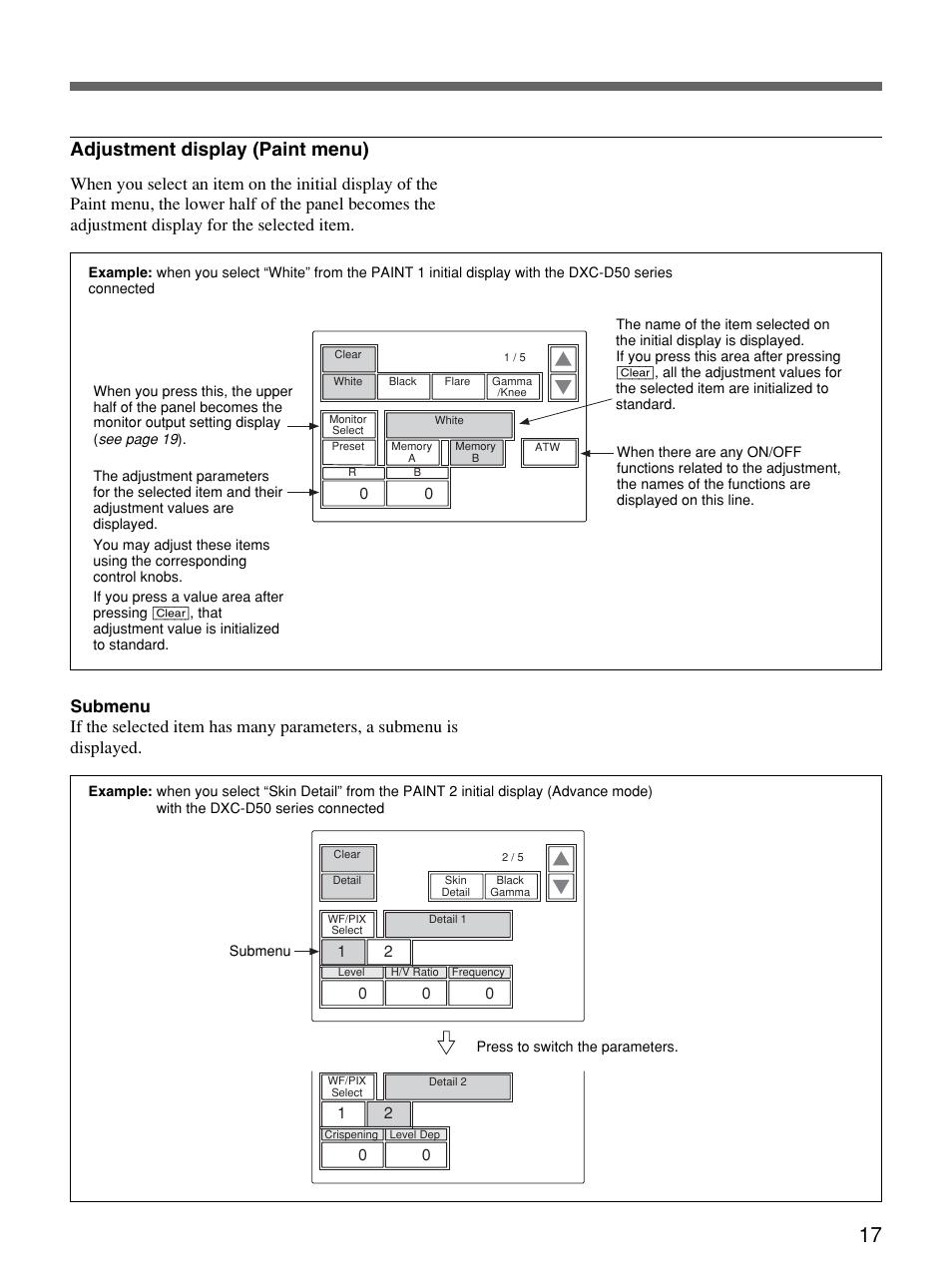 Adjustment display (paint menu) | Sony Remote Control Panel RCP-D50/D51 User Manual | Page 17 / 62