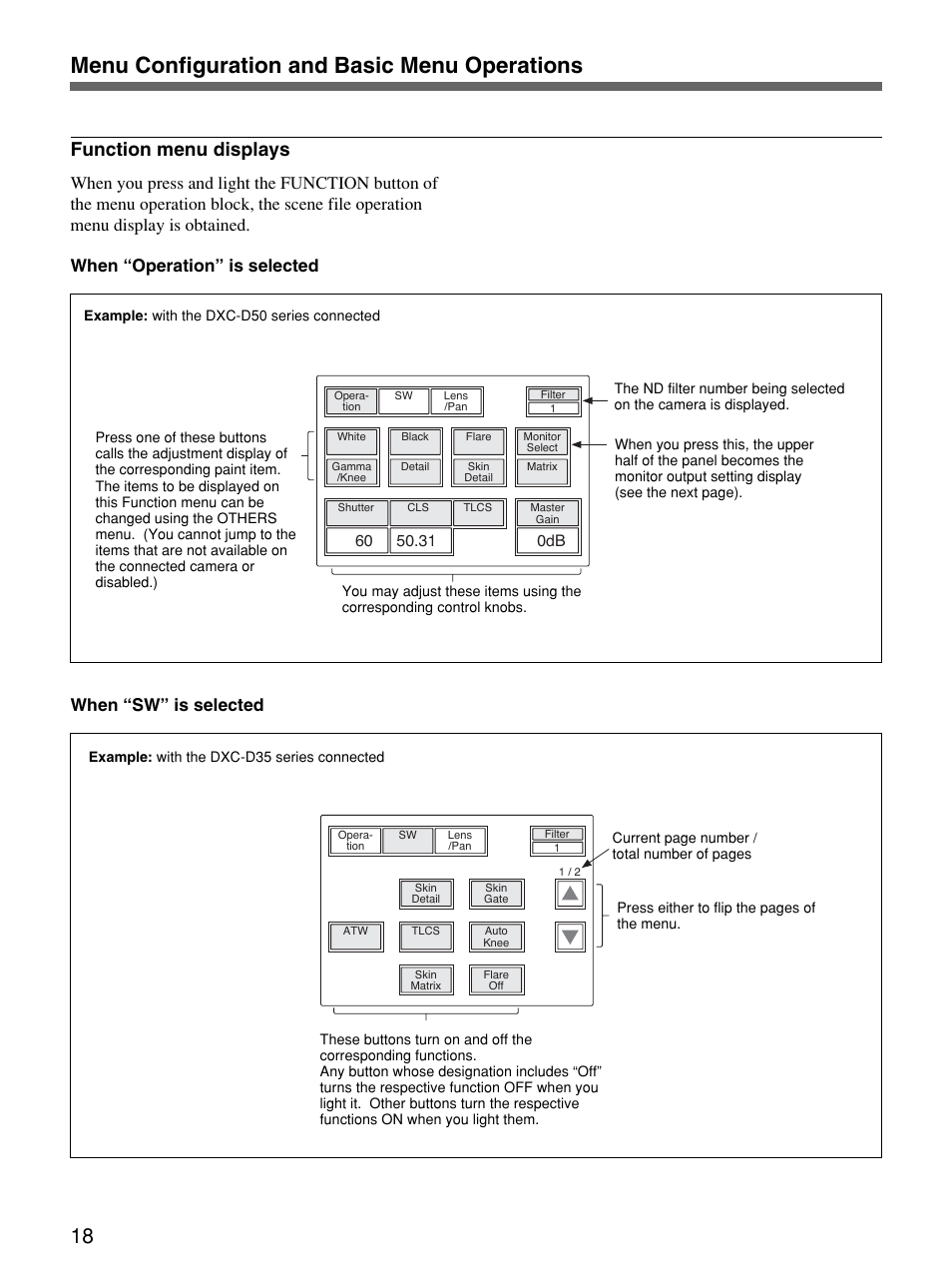 Menu configuration and basic menu operations, Function menu displays | Sony Remote Control Panel RCP-D50/D51 User Manual | Page 18 / 62