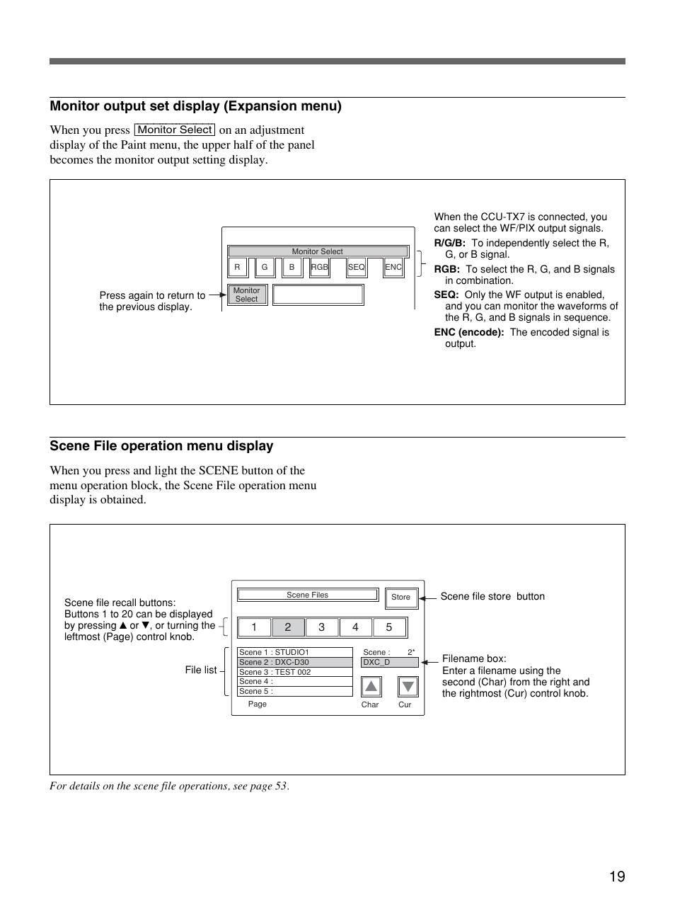 Monitor output set display (expansion menu), Monitor select, Scene file operation menu display | Sony Remote Control Panel RCP-D50/D51 User Manual | Page 19 / 62