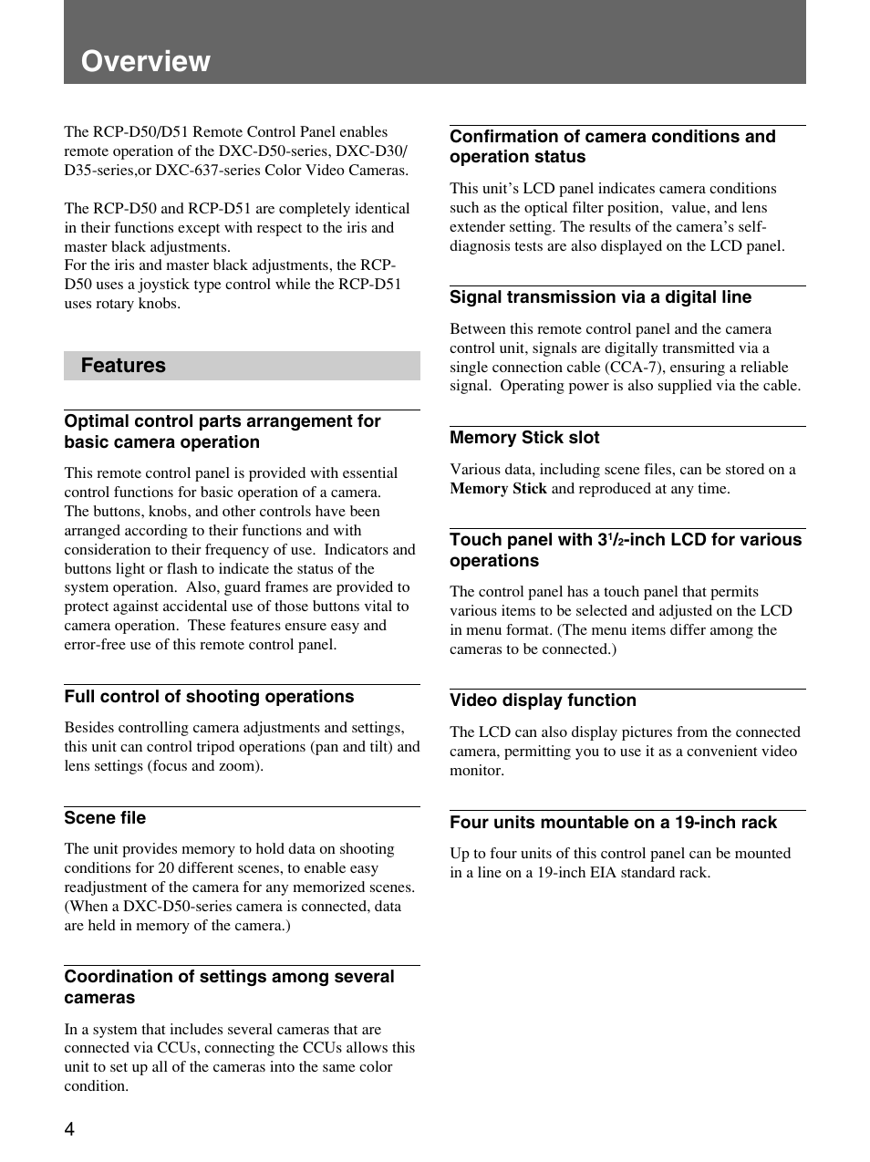 Overview, Features, Menu items with the dxc-d50-series cameras | Menu items with the dxc-d30/d35-series cameras, Menu items with the dxc-637-series cameras | Sony Remote Control Panel RCP-D50/D51 User Manual | Page 4 / 62