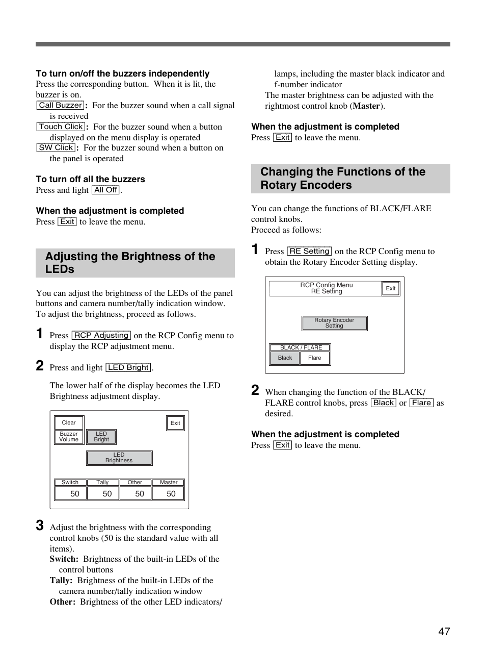 Adjusting the brightness of the leds, Changing the functions of the rotary encoders | Sony Remote Control Panel RCP-D50/D51 User Manual | Page 47 / 62