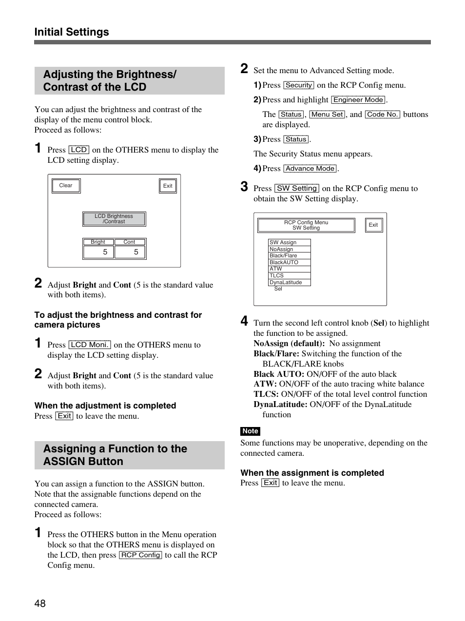 Adjusting the brightness/contrast of the lcd, Assigning a function to the assign button | Sony Remote Control Panel RCP-D50/D51 User Manual | Page 48 / 62