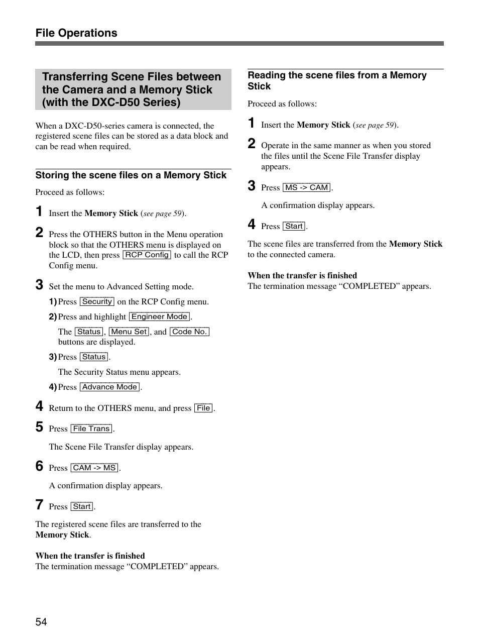 Transferring scene files between the camera and, A memory stick (with the dxc-d50 series) | Sony Remote Control Panel RCP-D50/D51 User Manual | Page 54 / 62