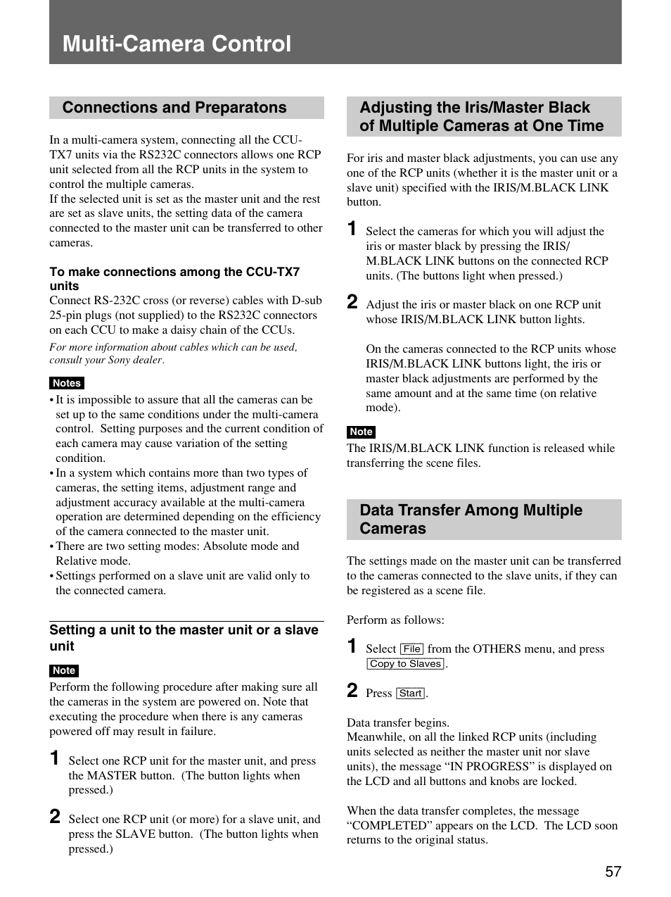 Multi-camera control, Connections and preparatons, Data transfer among multiple cameras | At one time | Sony Remote Control Panel RCP-D50/D51 User Manual | Page 57 / 62