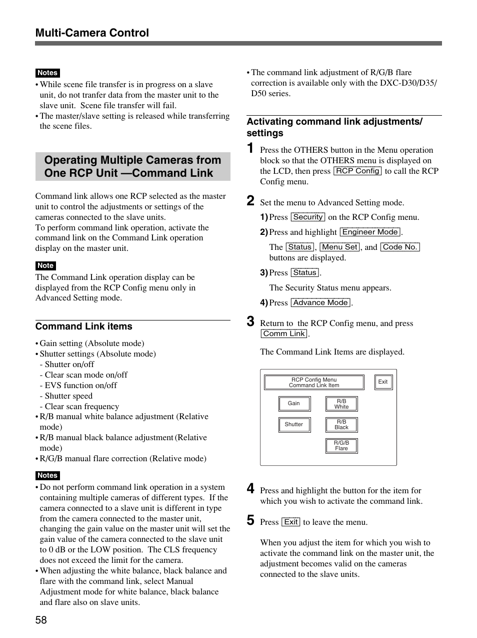 Operating multiple cameras from one rcp unit, Command link, Multi-camera control | Sony Remote Control Panel RCP-D50/D51 User Manual | Page 58 / 62