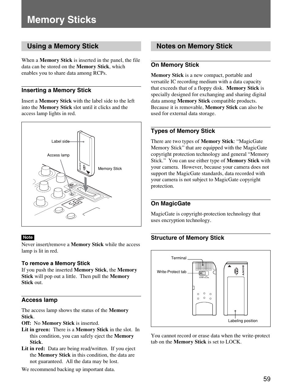 Memory sticks, Using a memory stick, Notes on memory stick | Sony Remote Control Panel RCP-D50/D51 User Manual | Page 59 / 62