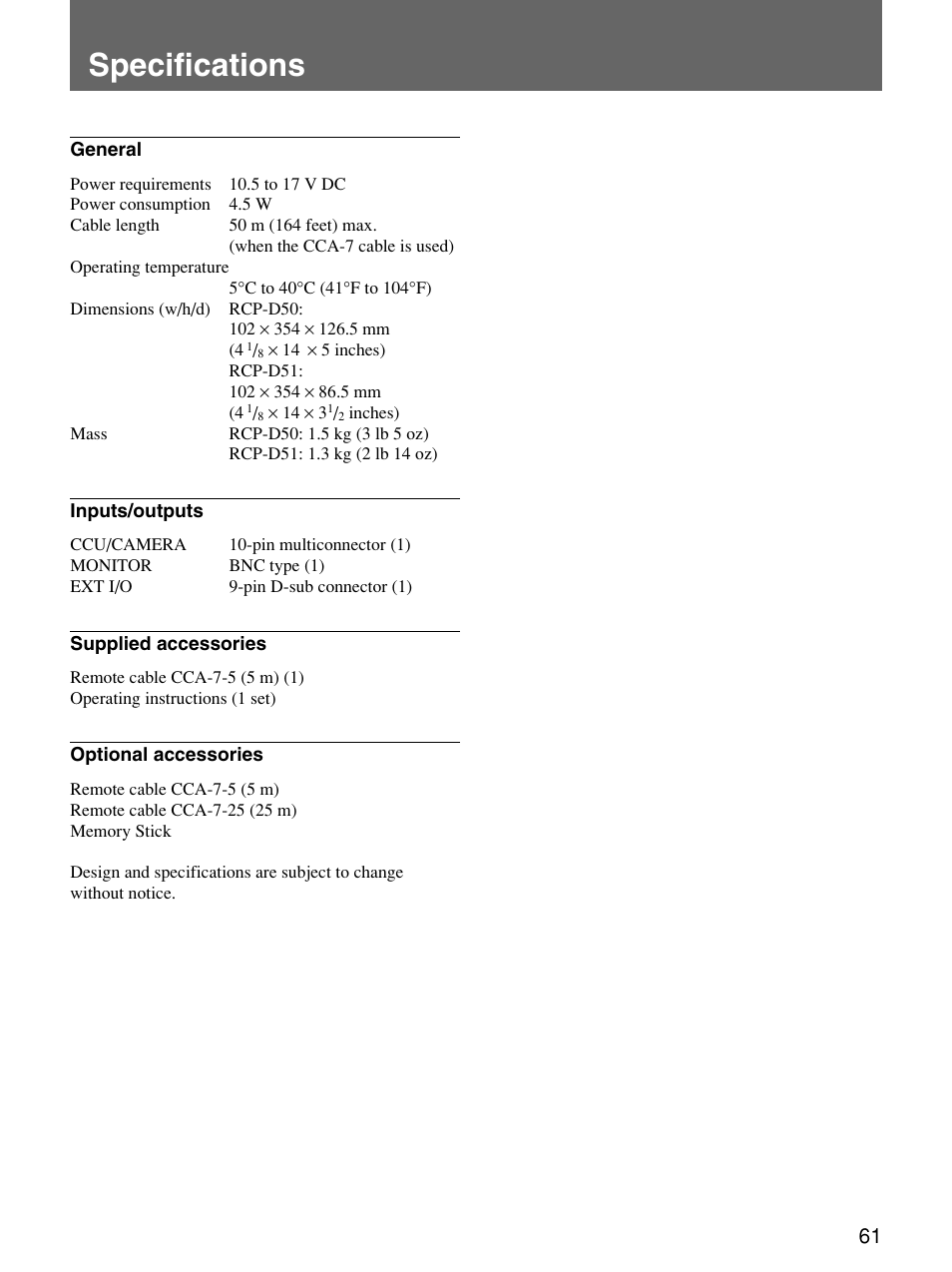 Specifications | Sony Remote Control Panel RCP-D50/D51 User Manual | Page 61 / 62