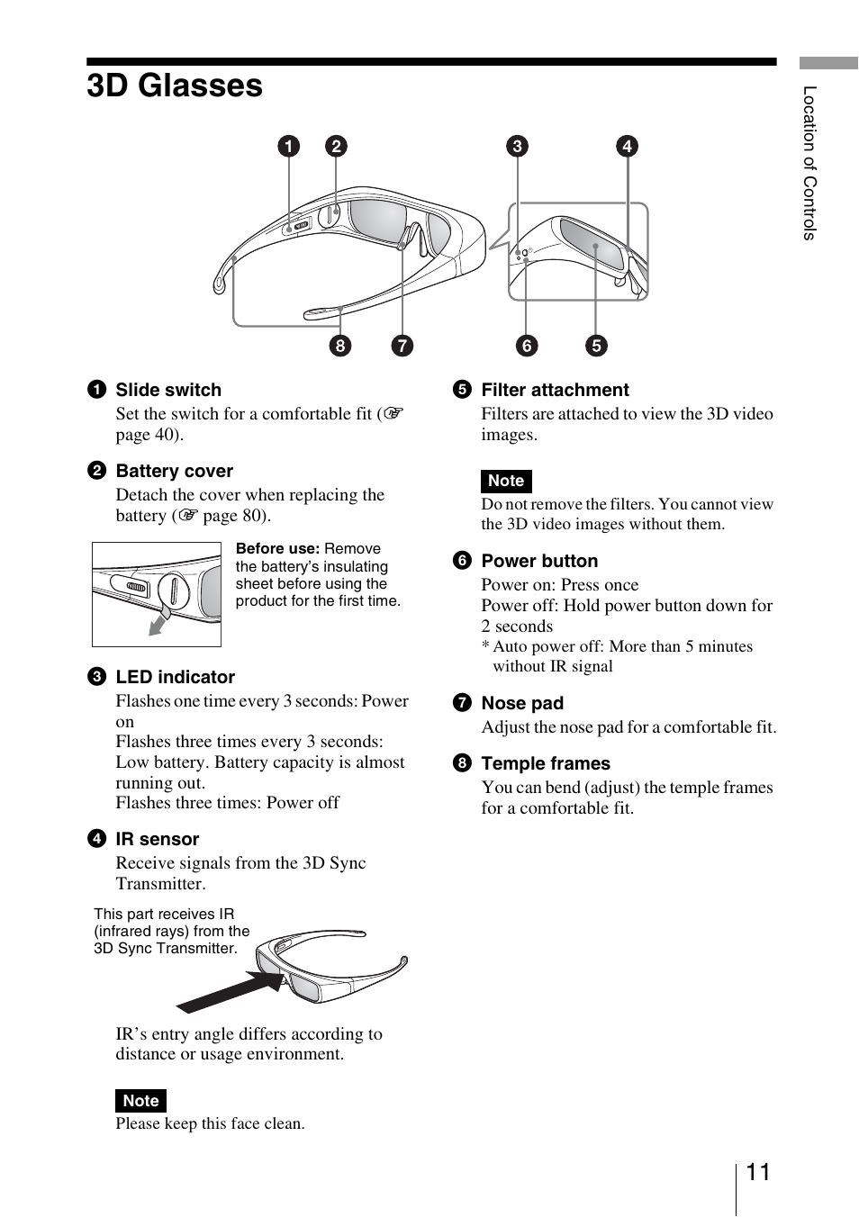 3d glasses | Sony Video Projector VPL-VW90ES User Manual | Page 11 / 100