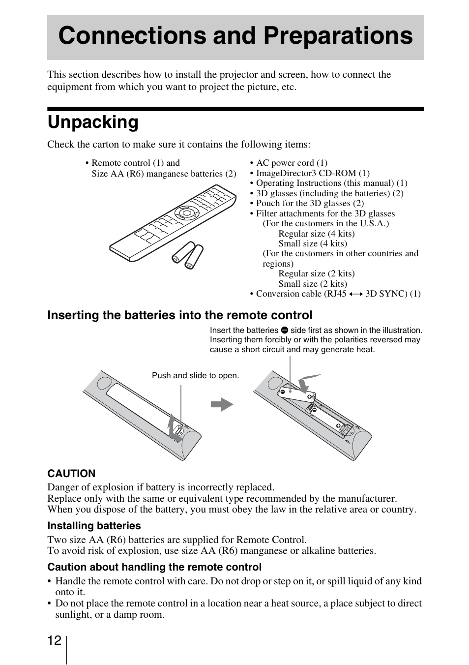 Connections and preparations, Unpacking | Sony Video Projector VPL-VW90ES User Manual | Page 12 / 100