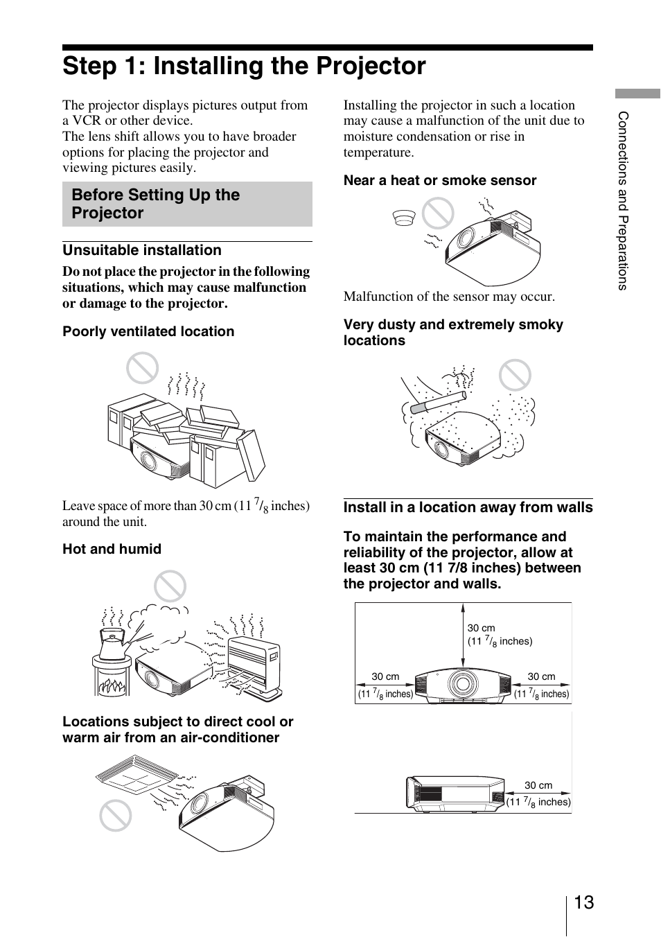 Step 1: installing the projector, Before setting up the projector, Unsuitable installation | Install in a location away from walls | Sony Video Projector VPL-VW90ES User Manual | Page 13 / 100