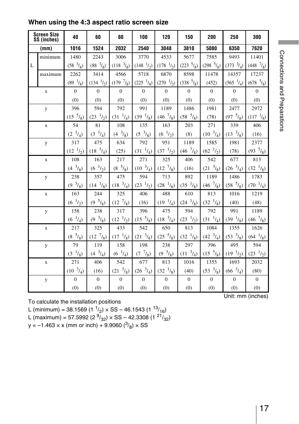 R 17, When using the 4:3 aspect ratio screen size, Co n nec tio n s an d pr epa ra tio n s | Sony Video Projector VPL-VW90ES User Manual | Page 17 / 100